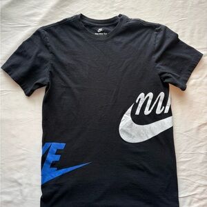 Nike Men's Black Tee with Blue and White Logo
